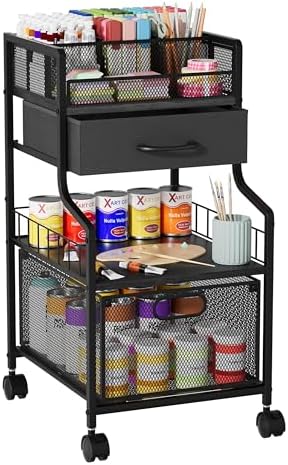SWTYMIKI Under Desk Storage Cart- Art Storage Cart with Drawers & DIY Divider - Office Cart Organizer Under Desk Shelf, Craft Rolling Cart for Office, Craft Room & Studio Black