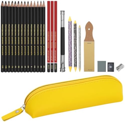 Heshengping, Sketching Pencil Drawing Pencils Set-26pcs, Art Supplies Drawing Kit,Graphite Charcoal Pro Draw Pencil Set,gift for Adults Beginners Artist for drawing sketching with Yellow Case