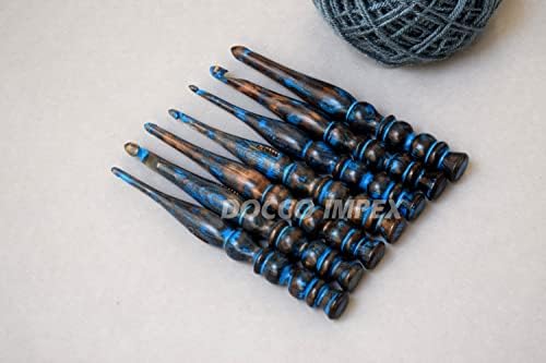 Handmade Ergonomic Wooden Crochet Hooks for Arthritic Hands (Set of 7) Needles for Yarn Accessories | Size 4 mm to 10 mm with Engraved | Yarn Tool (Blue)