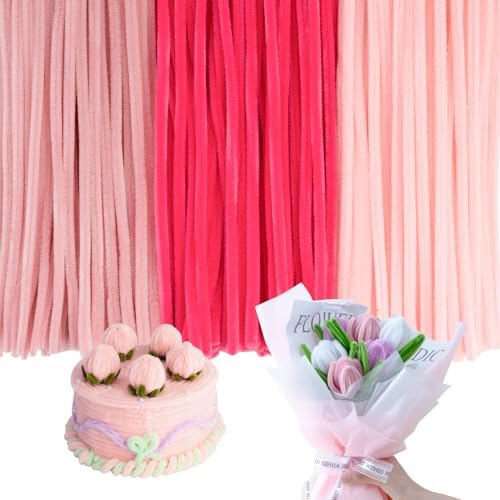 Caydo 300 Pieces Pink Pipe Cleaners, Thick Fluffy Chenille Stems Bulk for Arts & Crafts Making and Home Decorations