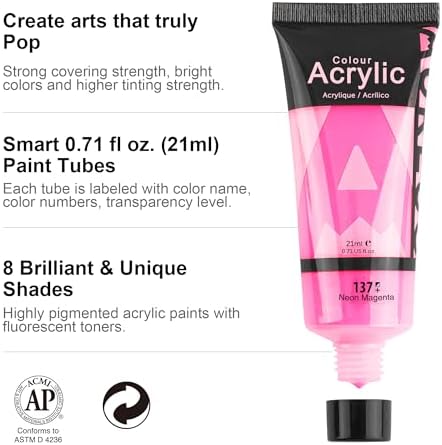 AUREUO Neon Acrylic Paint Set - 8 Fluorescent Colors x 0.71 Fl Oz / 21ml
