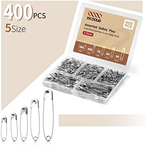 XKDOUS 400 Pack Safety Pins, 5 Universal Sizes Heavy Duty Pins for Clothes