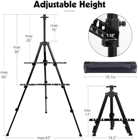 2 Pack Adjustable Art Easel Stand, 17-66 in Aluminum Tripod with Bag | Tool-Free Setup, Folds To 18 In, Stable Non-Slip Feet, Fits Tabletop To Floor Use, for Painting And Display