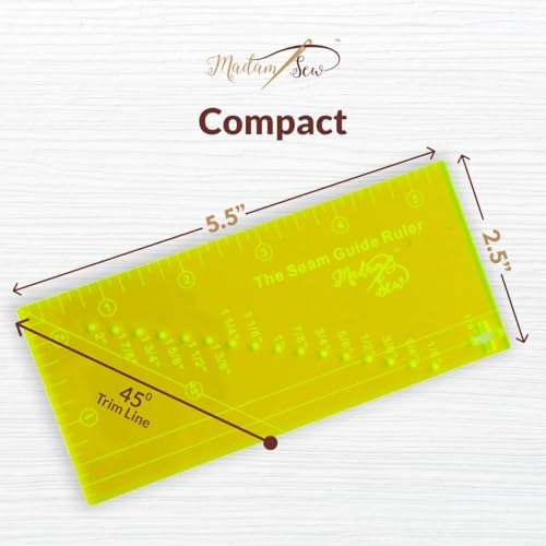 Madam Sew Seam Allowance Ruler & Magnetic Seam Guide for Sewing Machine | Perforated Seam Guide Ruler & Gauge for Perfect 1/8”- 2” Straight Line Hems | Includes 1/4” Pivot Point & 45 Degree Trim Line