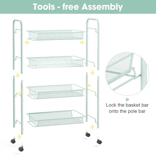 TOOLF 4 Tier Rolling Cart, Metal Utility Storage Cart with Wheels, Green | 3 Hooks, Screwless Assembly, Trolley Organizer for Bathroom, Kitchen, Office, Nursery, Dorm, Laundry Room