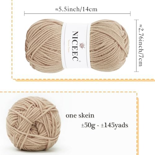 NICEEC 300g Soft Assorted Colors Yarn 100% Acrylic 870yds -Beige