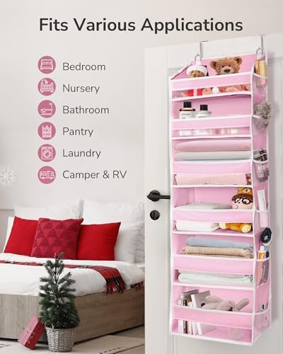 ULG Over The Door Organizer with 6 Large Pockets 12 Side Pockets, 50lbs Weight Capacity Door Hanging Storage Organizer for Bedroom, Bathroom, Pantry, Nursery Storage, Pink