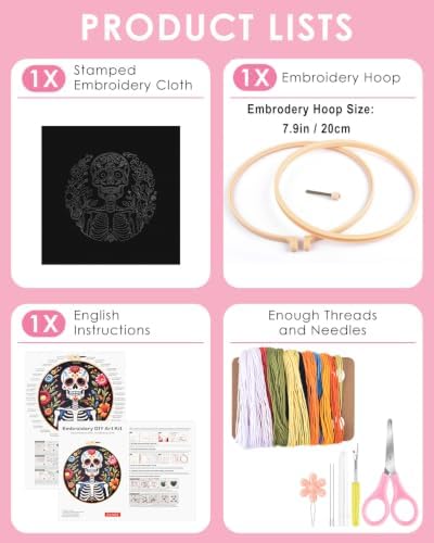 TINDTOP Embroidery Kit for Adult Beginners, Embroidery DIY Starter Kit, with Stamped Patterns, Hoop, Tools, Colorful Threads with Needles, Instructions (Skeleton C)