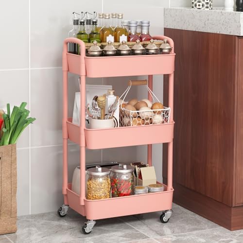 Sywhitta 3-Tier Plastic Rolling Utility Cart with Wheels for Storage, Pink