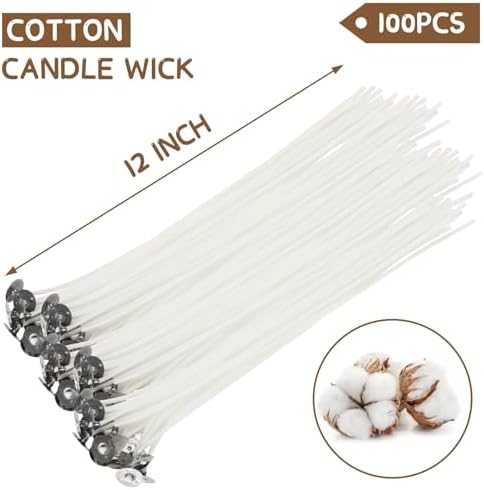 JEAWIWI 100 Pcs Cotton Candle Wicks, 12 in, with Wick Stickers & Holders