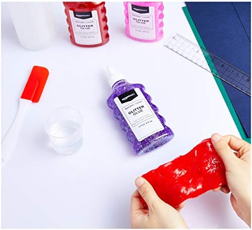 Amazon Basics Liquid Washable Glitter Glue for Making Slime, Art Crafts and School, Assorted Colors (Purple, Pink, Red, Blue), 6 oz Each, 4-Count