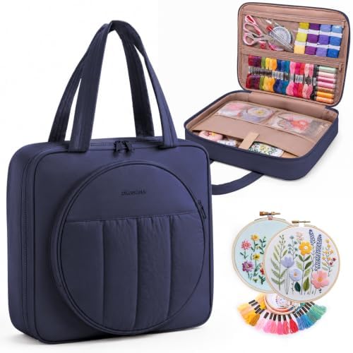 Puffy Embroidery Project Bag, Quilted Embroidery Floss Organizer for Hoops up to 11", Cross Stitch Project Storage Case for Needlepoint Project, Thread & Stitch Tools