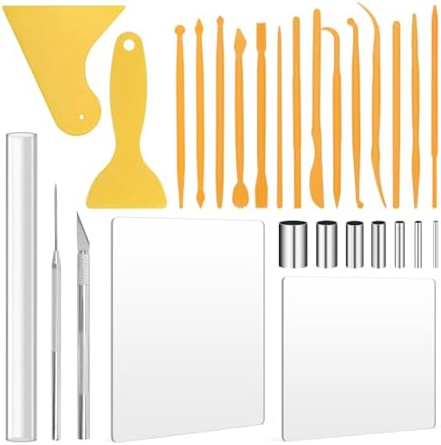 Polymer Clay Tools, 28PCS Acrylic Roller for Polymer Clay/ 14P Sculpting Kits/ 7P Shape Cutter/ 2P Sheets/ 2P Scarper/ 1P Needle Detail Shaping