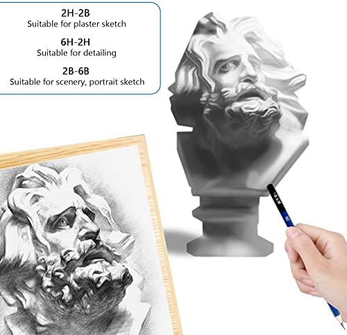 H & B 12 PCS Pencil Drawing Kit, H-4H, F, HB, B-6B Graphite and Charcoal Sketch Pencil Set for Beginners, Professional Artists