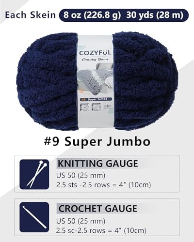 Cozyful Chunky Yarn for Hand Knitting, #9 Thick Jumbo Big Chunky Yarn for Crocheting, Super Chunky Knit Blanket Yarns, Large Chunky Chenille Yarns, 8 Pack (30 yds 8 oz Each Skein), Navy Blue