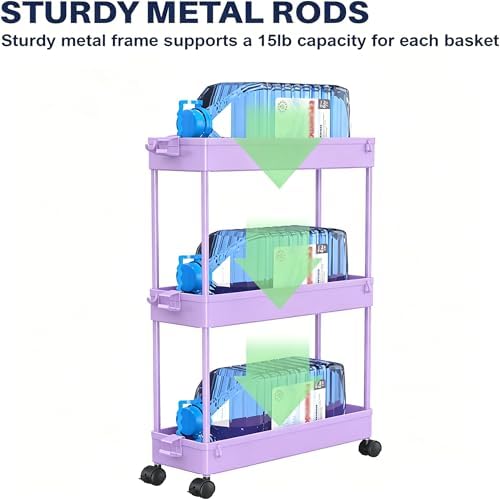 SPACELEAD Slim Storage Cart 3 Tier,Bathroom Organizer Rolling Utility,Mobile Shelving Unit Slide Out for Office, Kitchen, Laundry Room & Narrow Places,Purple