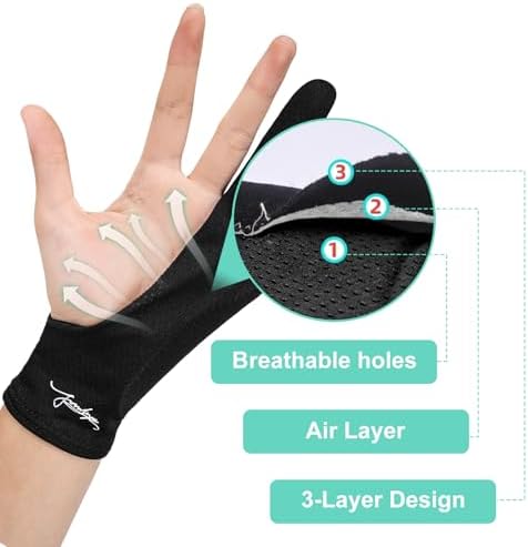 Digital Drawing Glove 3-Layer Palm Rejection Two-Finger Artist Glove for Graphics Drawing Tablet, Monitor, Sketching, iPad, Paper, Fits for Right and Left Hand (Small, Black)