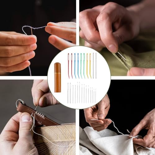 24pcs Large Eye Sewing Needles Kit, Stainless Steel Blunt Darning Needles & Bent Tapestry Needles & Sharp Hand Knitting Needles with Wooden Case,Perfect for Crochet/Darning/Yarn/Embroidery Projects
