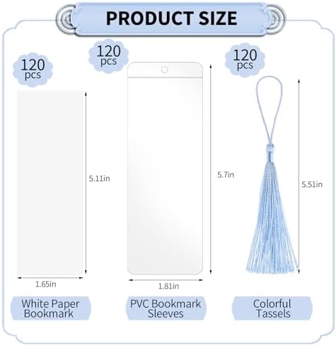 120 Sets Blank Kraft Paper Bookmarks Kit with Tassels and PVC Sleeves