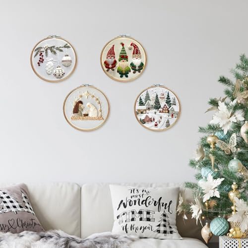 LB Christmas Embroidery Kit for Beginners: 4-Piece Cross Stitch Set with Green Plant, White Snowflake & Gnomes | Adults DIY Starter Kit Includes Hoop, Threads and Tools