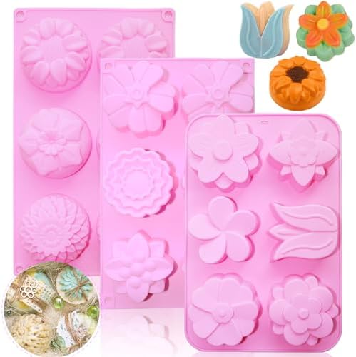 3PCS Flower Soap Molds,Silicone Soap Molds,Silicone Molds for Soap | PSKJATIN Flower Soap Molds Silicone Molds for Soap Bath Bombs Shower Steamer Lotion Bars Handmade Cake Chocolate