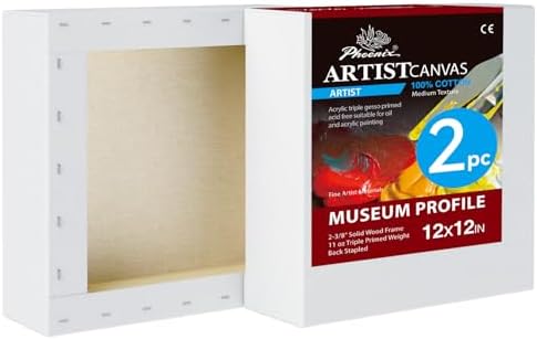 PHOENIX 12x12 Inch 2 Pack Museum Canvas - 2 3/8 Inch Thick Porfile Deep Stretched Canvas for Painting 100% Cotton 11 Oz. Gesso Primed White Blank Professional Canvas Oil & Acrylic Paints
