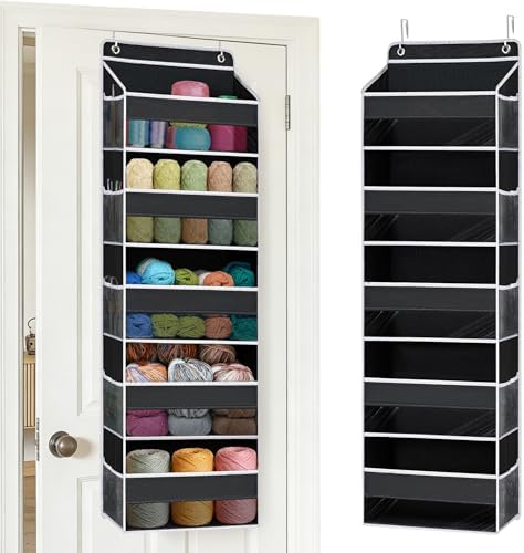 Over the Door Organizer, Hanging Yarn Storage, Large Capacity Knitting Organizer with 5 Mesh Side Pockets, Hanging Shelves for Yarn,Crochet Accessories and Knitting Supplies, Black