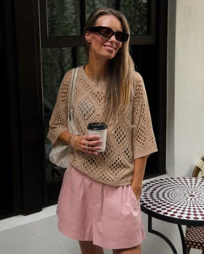 Womens Crochet Top Summer 3/4 Sleeve Cover Up V Neck Boho Tops