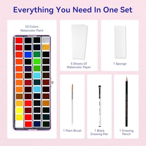 52 Colors Watercolor Paint Set for Adults, Vibrant Travel Water Colors Kit with Metallic Shades, Includes Brush, Pencil, Sponge, 5 Watercolor Papers & Black Pen, Portable, Purple Case