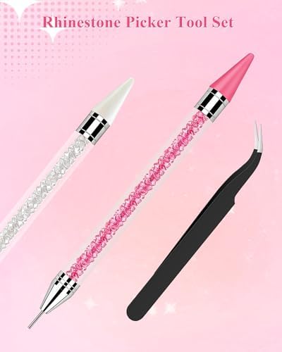 Rhinestone Picker Tool, Wax Pencil for Rhinestones Tool, Dual-ended DIY Nail Bedazzling Tools With 2 Extra White and 2 Extra Pink Replaceable Wax Head and 1 Tweezer(White and Pink)