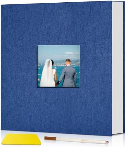 Popotop Photo Album Self Adhesive with Picture Display Window,40 Pages DIY Scrapbooking Supplies Kit for 4x6 8x10 Picture,Linen Cover Memory Book for Baby Wedding, with Scraper and Metallic Pen
