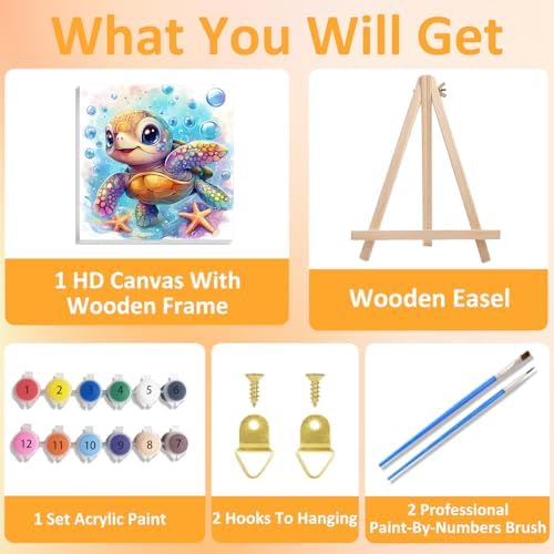 Sea Turtle Paint by Numbers Kit for Kids, 8x8 inch