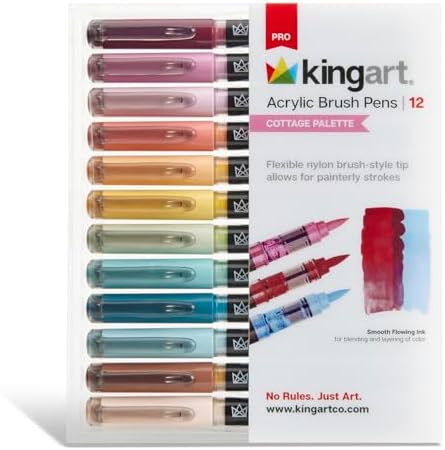 KINGART 12-Piece Cottage Acrylic Paint Brush Tip Marker Set – Flexible Fiber Brush Tips – Smooth Opaque Water-Based Ink for Detailed Nature Illustration and Crafts – 12 Muted Cottage Colors