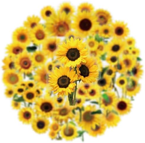 50pcs Sunflower Stickers for Laptop Water Bottles, Transparent PET Waterproof Aesthetic Sticker for Kids Birthday Party Scrapbook Phone (Yellow)