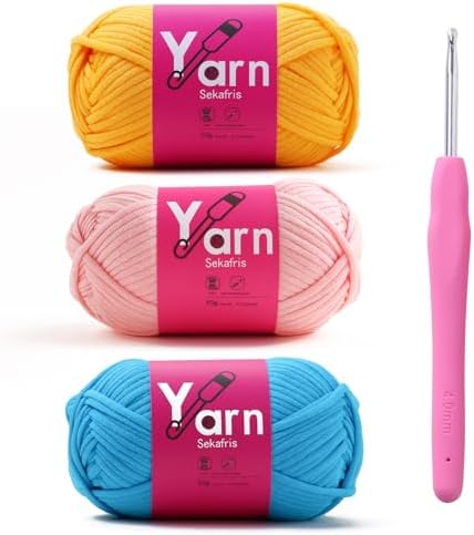 Crochet Yarn 150g/163.5yds Cotton - Chunky Yarn for Crocheting - Easy-to-See Stitches - Golden Yellow+Hot Pink+Lake Blue