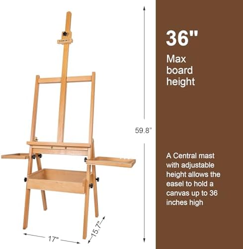Wooden H-Frame Studio Easel with Storage Drawer and Palettes,Natural | Solid Beechwood Painting Easel for Students, Beginners, and Artists, Hold Canvas to 36Inches High