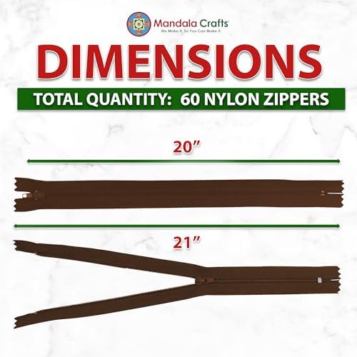 Mandala Crafts 60 PCs Dark Brown Closed-End 20 in Nylon Zippers for Sewing