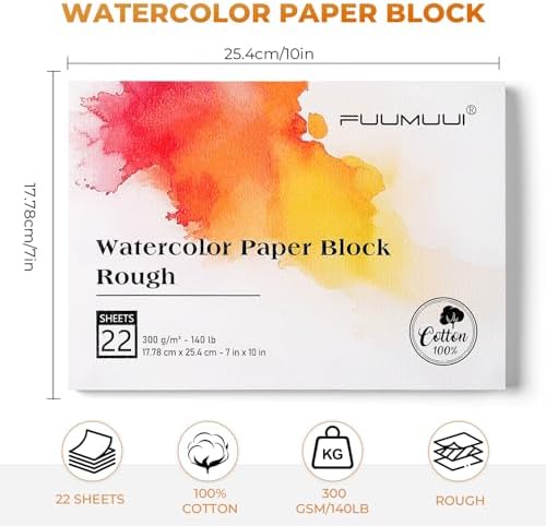 Fuumuui 7×10 Watercolor Paper Block, Textured Rough 100% Cotton Watercolor Paper, 140lb/300gsm, 22 Sheets, Acid-Free, Art Paper for Painting & Drawing, Wet, Mixed Media, Rough Grain