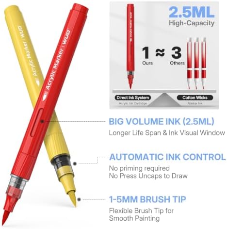 WUO 60 Colors Acrylic Paint Markers Brush Tip with Automatic Ink Control