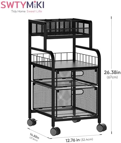 SWTYMIKI Rolling Cart with Drawers - Metal Craft Cart with Wheels, DIY Divider and Wood Shelf, Art Supply Organizer for Under Desk Storage, Utility Storage Cart for Home Office Studio, Black