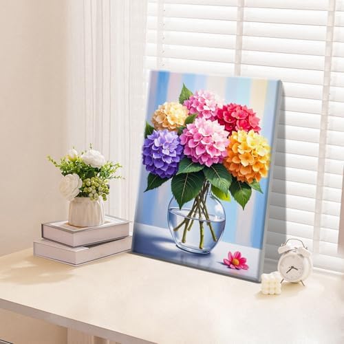 ATDMS Paint by Numbers Kit for Adults Flowers Paint by Number with Frame Hydrangea Paint by Number with Easel DIY Floral Oil Painting by Numbers for Gift Home Wall Decor 8x12 Inch