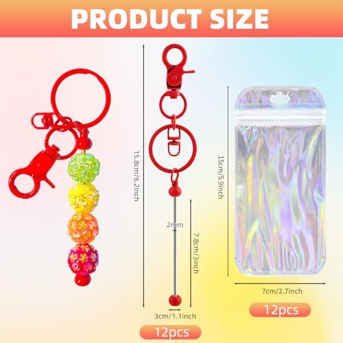 24 Pcs Beadable Keychains Bars bulk - 12 Colorful DIY Metal Beaded Keychain Making Kit + 12 Bags Included, Bead Keychain Supplies,Blank Key Chain, Perfect for Women, Men, Mother's Day, Birthday Gift