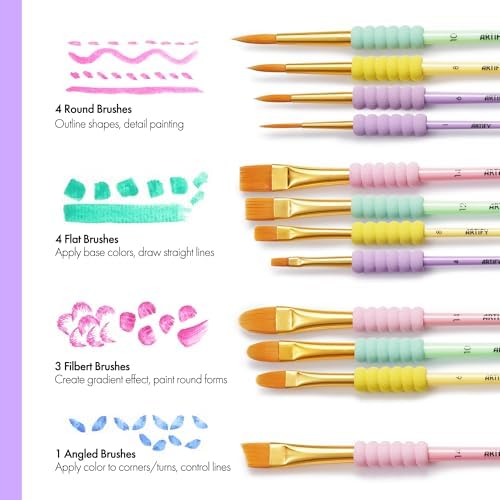 Artify Paint Brushes for Kids, 12-Sizes Paint Brush Set for Kid's Arts and Crafts, Ergonomic Donuts Handle | Macaron Colors Kids Paint Brushes, for Acrylic, Oil, Watercolor, Gouache, Paint by Numbers