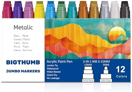 BIGTHUMB Jumbo Graffiti Poster Markers Set: 12 Metallic Colors Large 15mm Wide Tip Permanent Ink Thick Acrylic Paint Pens for Rock Painting, Stone, Glass, Wood, Ceramic, Metal, Plastic, Fabric