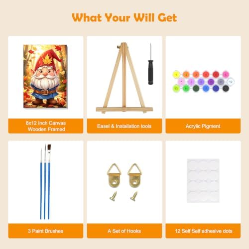 MOGTAA Fall Paint by Numbers Kit for Adults Beginners with Frame, Gnome Adult Paint by Number Kits on Canvas with Easel, Easy DIY Autumn Oil Painting Kits for Home Decor, 8x12in