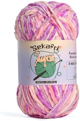 Fuzzy Chenille Yarn for Crocheting, Fluffy Amigurumi Crochet Yarn for DIY Craft/Hat/Shoes, (100g/197yds) Soft Velvet Baby Blanket Yarns（Pinkish Purple）