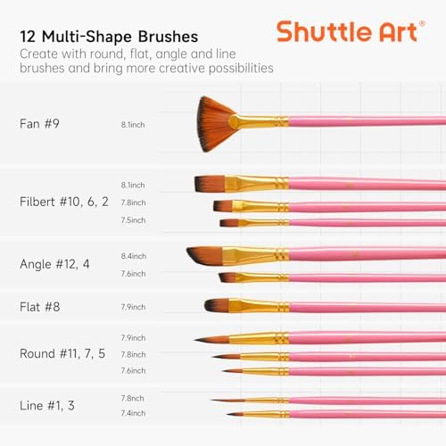Shuttle Art 12 PCS Paint Brush Set with Case, Assorted Shapes & Sizes for Acrylic, Watercolor, Oil, and Gouache, Perfect Artist Brushes for Kids, Beginners, and Professionals, Ideal for Home or Travel