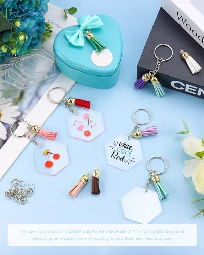 YETOOME Acrylic Hexagon Keychain Blanks, 120 Pcs Clear Hexagon Keychains Kit with Acrylic Blanks, Key Rings, Tassels and Jump Rings for DIY Keychain Vinyl Crafting