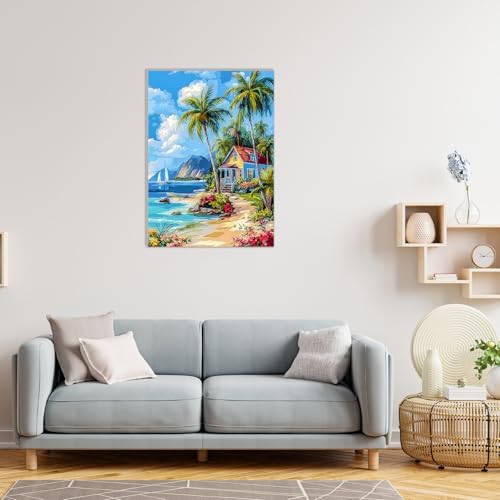 MAXBYE Paint by Numbers Kit for Adults with Frame and Wooden Easel, Easy Beach Landscape Painting Numbers Art Kits on Canvas, DIY Acrylic Painting Kit for Gift Home Wall Garden Decor 10×14 in