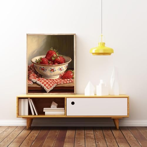 CraftBliss 5D Diamond Painting Kits for Adults, Vintage Strawberry Bowl Still Life, DIY Rhinestone Art Kit, Cottagecore Kitchen Wall Decor, Aesthetic Dining Room Home Art, 12x16 inch (30x40cm)